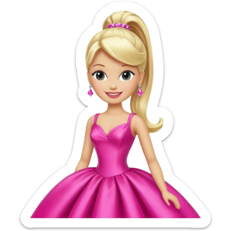 En klassisk blond modedukke med høj hestehale, iført en glamourøs hot pink aftenkjole, skinnende plastik-tekstur, smilende, ikonisk legetøjs-æstetik. sticker