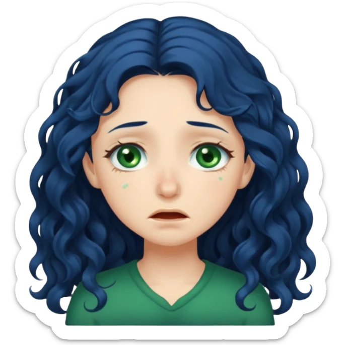 Girl with long  curly dark blue hair, green eyes, and very fair skin.crying sticker