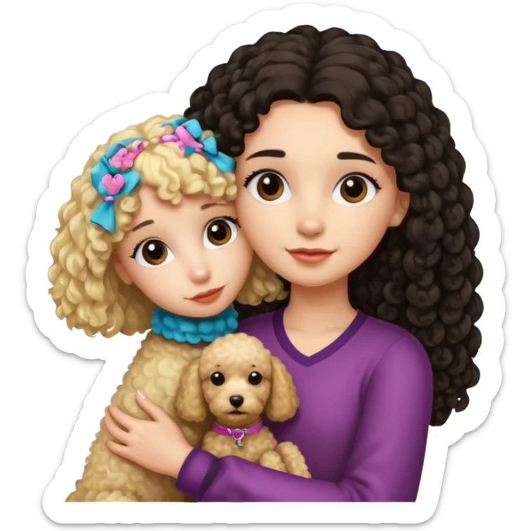 Ludo (ragazza mora capelli lisci lunghi) che abbraccia il suo cane leone (un barboncino biondo) sticker
