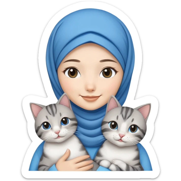 Asian White girl wearing  blue hijab and white dress holding a black grey tabby cat while smiling.  sticker