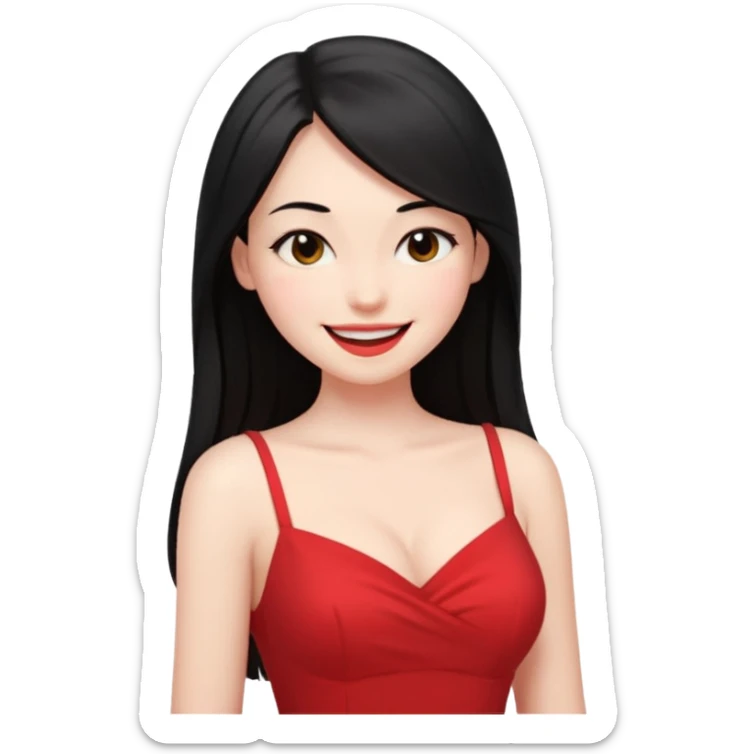 Chica joven pelo sémi largo color negro lacio delgada con con pechos grandes vestido rojo con sonrisa amigable y guiñando el ojo sticker