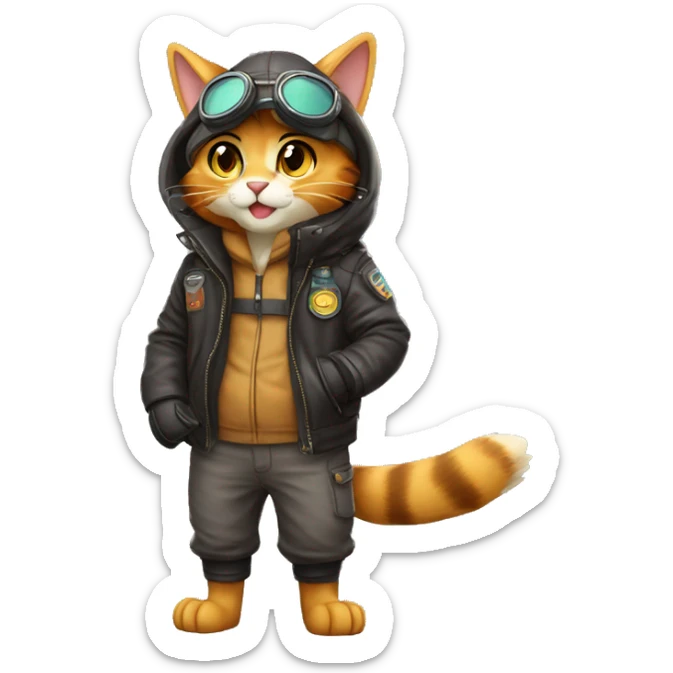 Anthro Fur-Sona feline-Fakémon with an aviator jacket gloves and cap Full Body sticker