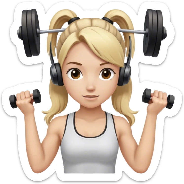 Blonde girl lifting weights, hair in a ponytail with brown beats headphones over ears sticker