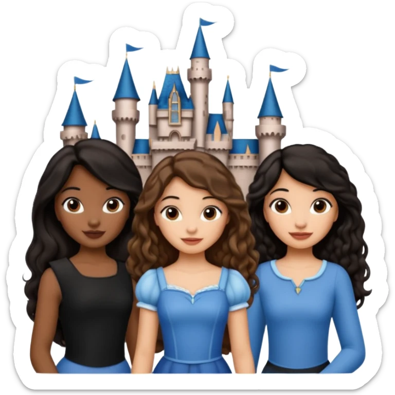 Quiero que crees una imagen donde este el castillo de Disney y por detrás o delante pon a quatro chicas: una con el pelo largo rizado marrón , otra con el pelo corto negro, otra con el pelo mediano liso marrón y otra con el pelo negro largo liso sticker