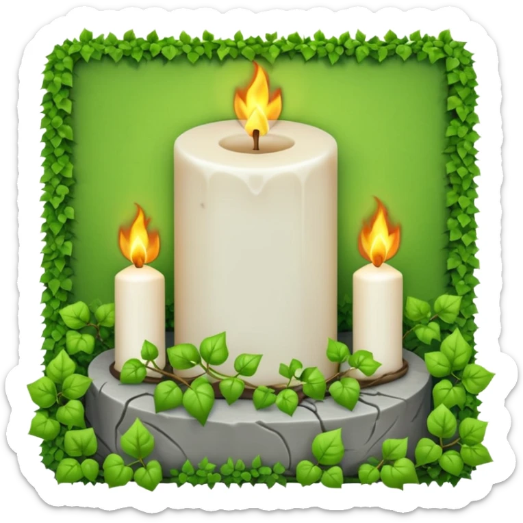 Gravsten med lite ivy som klättrar på den och framför i gräset på marken ett stående vitt brinnande blockljus sticker