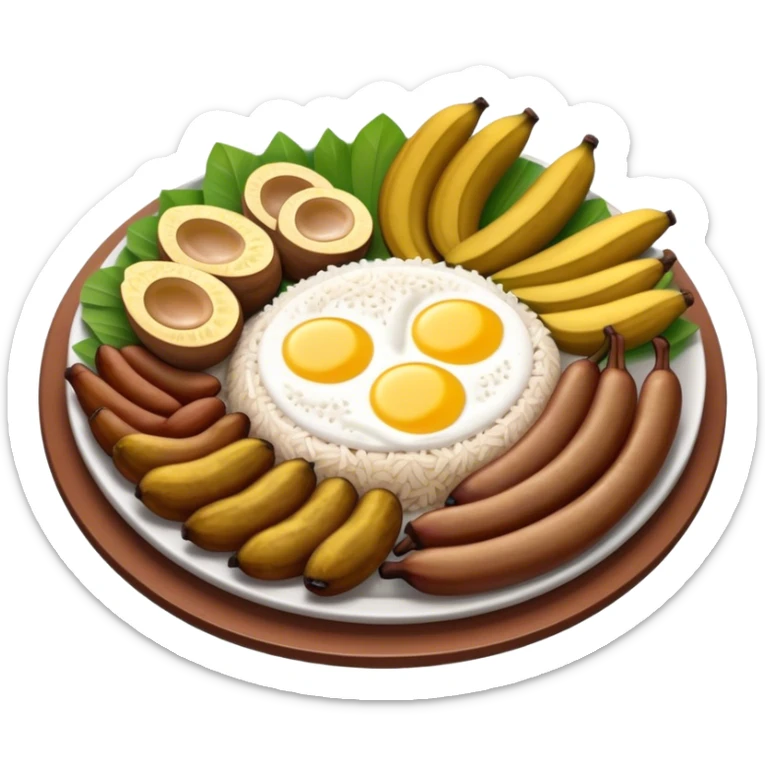 Cinematic Realistic Bandeja Paisa Dish Emoji, depicted as a hearty platter featuring beans, rice, meat, and plantains rendered with detailed textures and vibrant, robust lighting. sticker