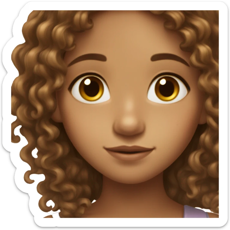 Beautiful girl with long brown medium curly hair, light skin and brown eyes, freckles and fairy wings golden  sticker