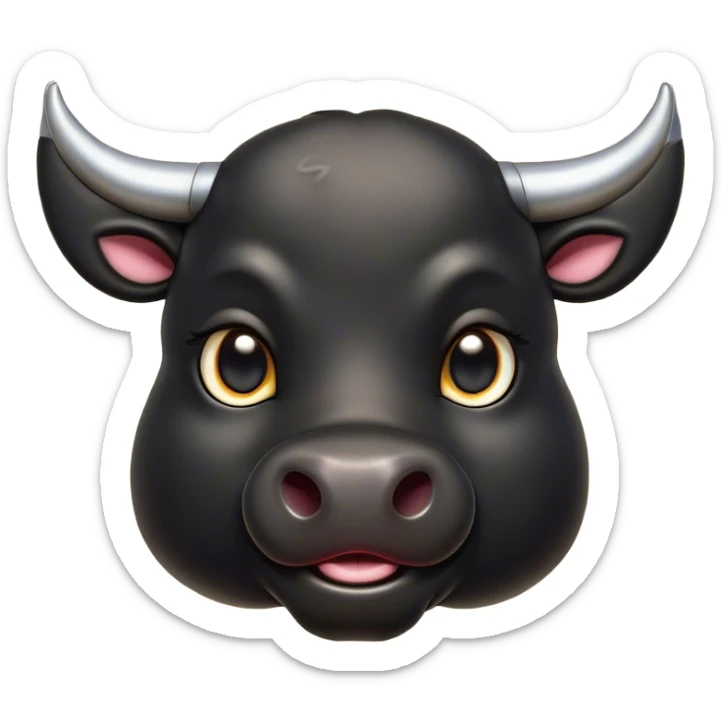 Cinematic Cute Black Bull Portrait Emoji, Head tilted playfully and inquisitively, featuring a glossy, robust black hide with a striking sheen, round, sparkling dark eyes filled with gentle curiosity, Simplified yet irresistibly adorable features, highly detailed, glowing with a warm, friendly glow, high shine, affectionate and imposing, stylized with a touch of rugged charm, bright and endearing, soft glowing outline, capturing the essence of a mischievous yet loving bull, so playful it feels like it could stomp out of the screen and into your arms! sticker