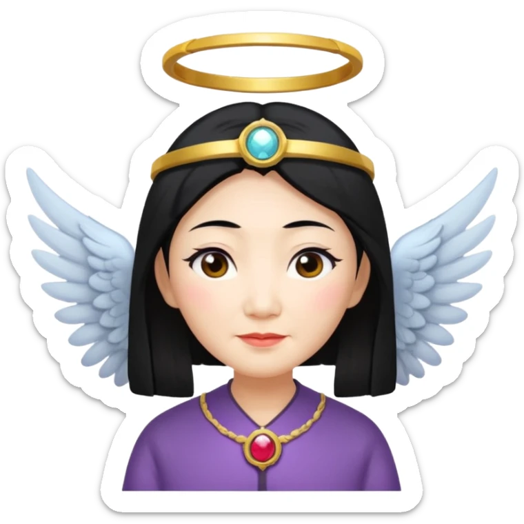 Angel Old Lady with wings black hair asian  smaller eyes w halo sticker