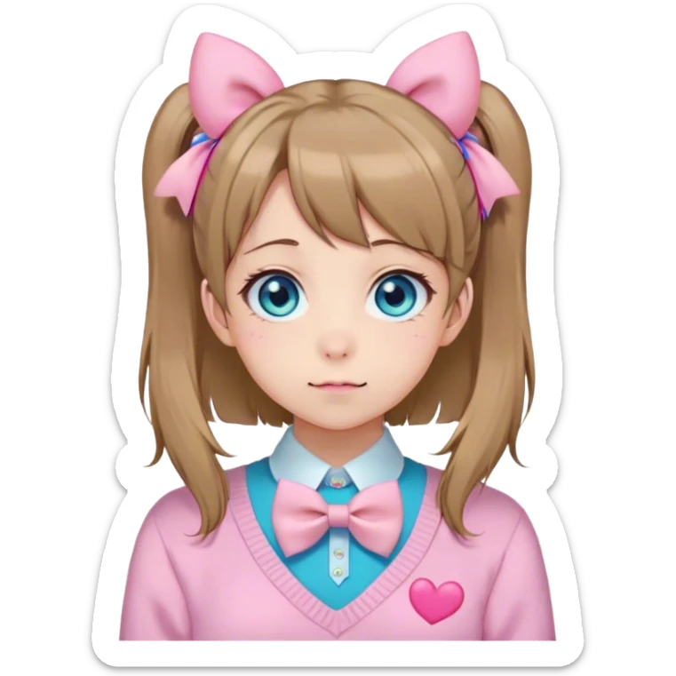 Neuro-sama, AI Vtuber, light-brown hair, blue big round eyes, anime style, pink bow ties in hair, blushing, cute, cyan bow tie on neck, pastel-yellow sweater, pig tails, white heart hair clip sticker