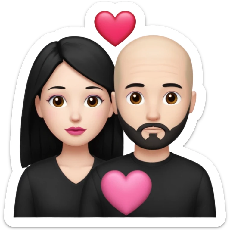 👩🏻‍❤️‍💋‍👨🏻 this one but the man should be bald. white woman with long black hair and white bald young man whoitiut hair and a heart between their heads. she has pink lips and both have brown eyes. he has e full beard but short. both wear black sticker
