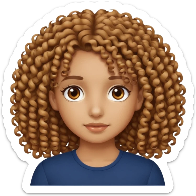 Crea una chica rizada con un top de color navy Amy que sea trigueña con los ojos marrones  sticker
