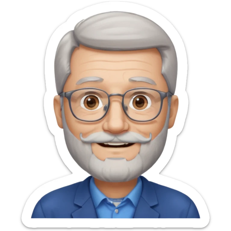 Create me an emoji of an old man. Gray really short size hair. Gray follow-up full beard. Squarer Glasses. Blue eyes. Little smile sticker