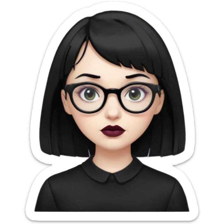 white woman with medium length black hair and baby bangs, glasses, with goth makeup and clothing  sticker