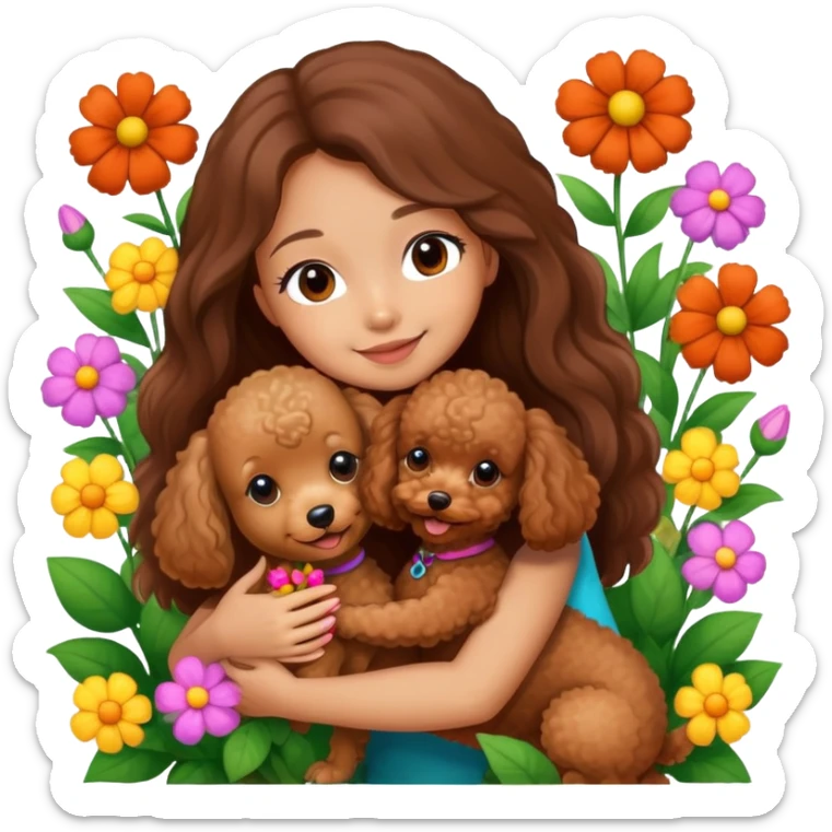 A beautiful girl with long straight hair happily hugs a brown toy  poodle in the flowers sticker