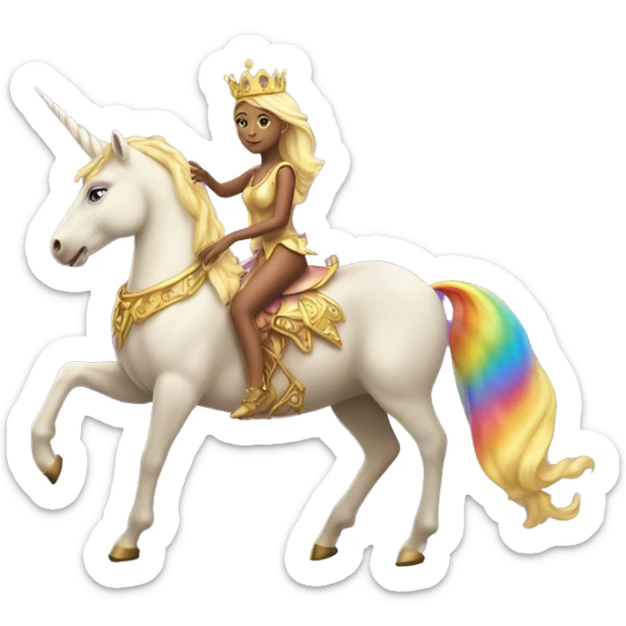 A fairy queen with purple wings and a golden crown riding a rainbow unicorn ￼ sticker