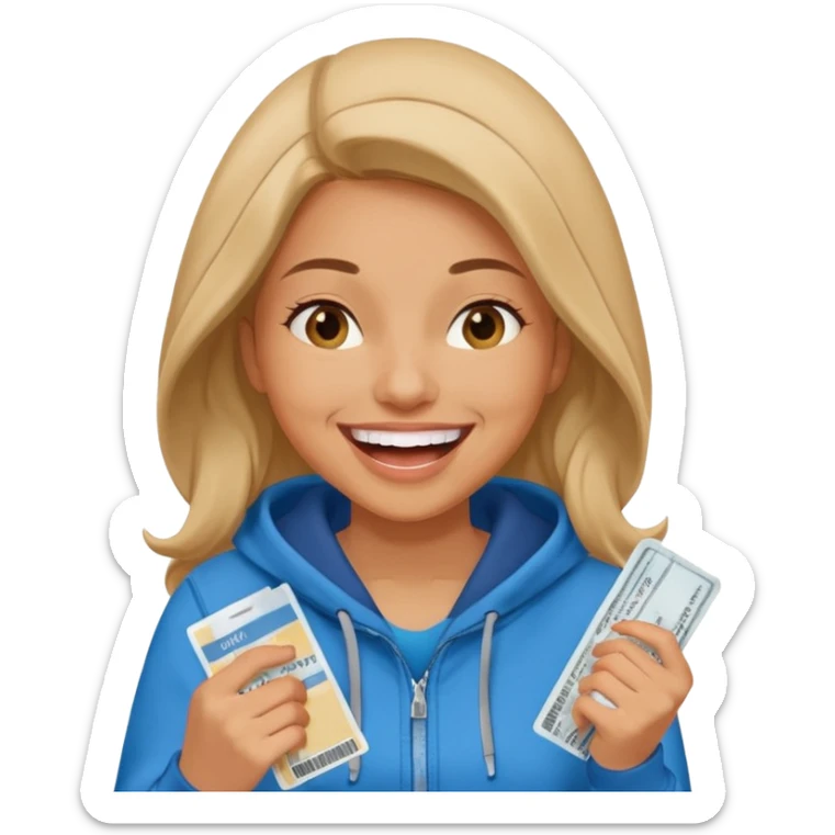 Hilarious, blunt, high energy, and adventurous. woman in hoodie laughing with plane tickets  sticker