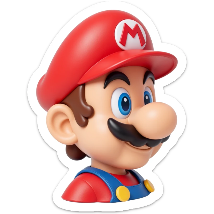 a worker in factoryA 3D-rendered head of a character inspired by Super Mario, facing slightly from front-left to right. The head should include his signature red cap with an ‘M’, large round nose, thick mustach sticker