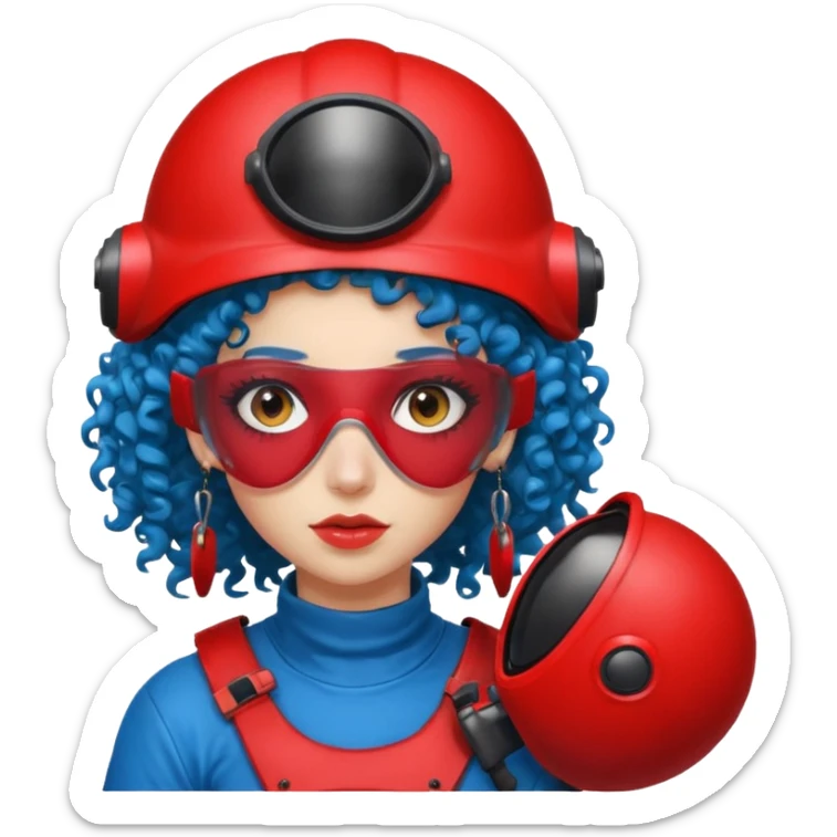 blue curly haired girl with huge earrings wearing red paintball helmet with eye protection, only face  sticker