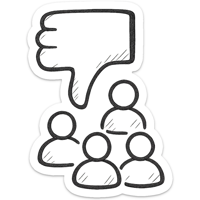 hand drawn black outline icon of a group of people arranged in a pyramid shape with a large thumbs down symbol behind them sticker