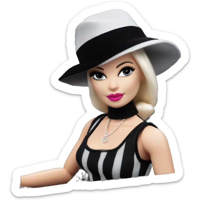 Bouclé Beauty Lingerie Barbie, 1965 Wednesday Addams from academy, in dark-gray and black striped outfit with hat. Driving 1978 Mercedes convertible sports car  sticker