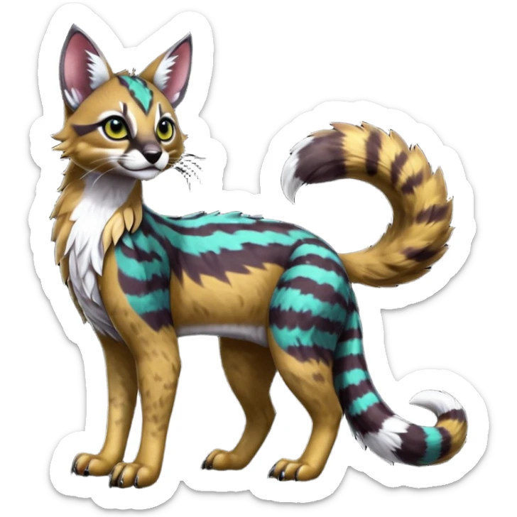 Colorful dark tropical exotic cute cool beautiful shiny beautiful fantasy-caracal-civet-genet-sergal-vernid-Gryphon-Cacomistle-Trico-oncilla-animal-Fakémon-hybrid-fursona (full body) sticker