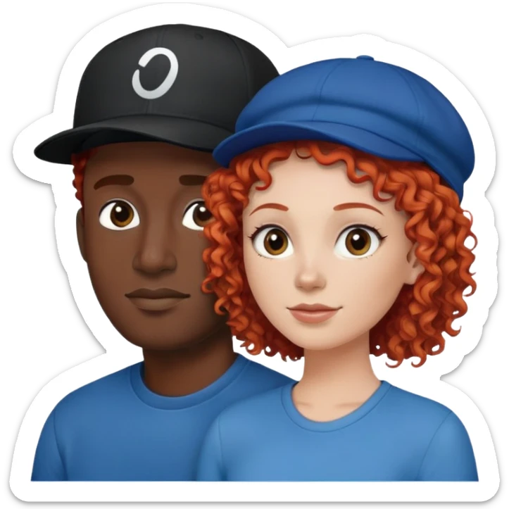 a couple a white woman with red curly hair and a black man in a blue shirt and black cap sticker