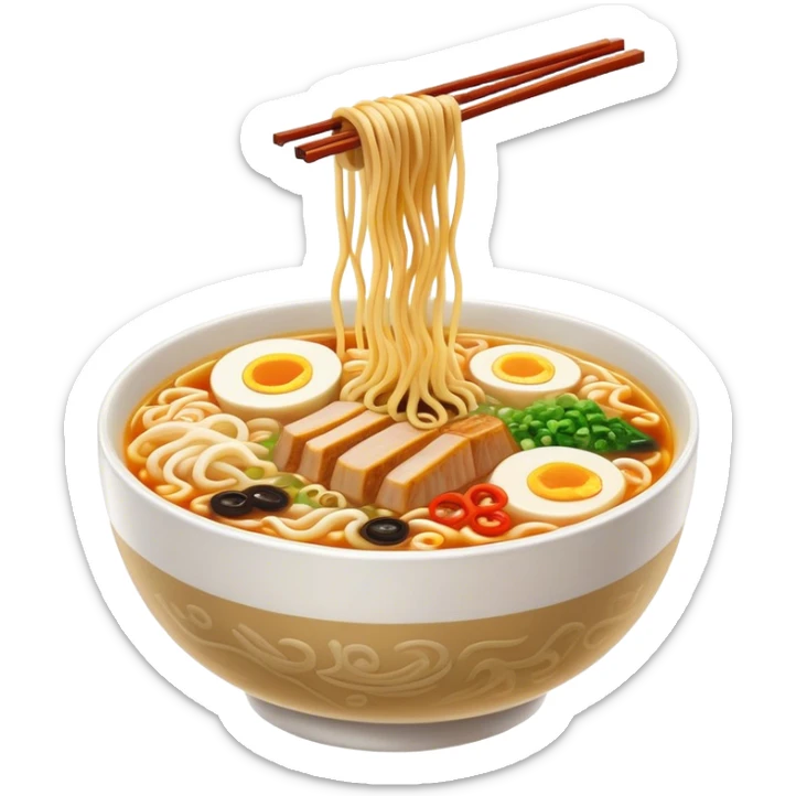 Cinematic Realistic Ramen Dish Emoji, showcasing a steaming bowl of rich broth with noodles and toppings rendered with dynamic textures and inviting, warm lighting. sticker