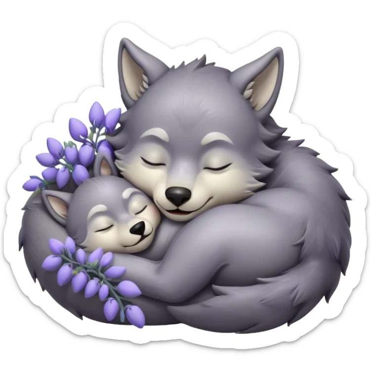 Meme-Worthy Cute Sleeping Werewolf Portrait Emoji, with a cuddly, miniature lupine form in soft moonlit grays and silvers, head resting peacefully with gently closed dreamy eyes and a small, content smile, simplified yet irresistibly endearing, highly detailed with a soft glowing outline that captures the cozy, sleepy essence of a werewolf after frolicking under the full moon! sticker