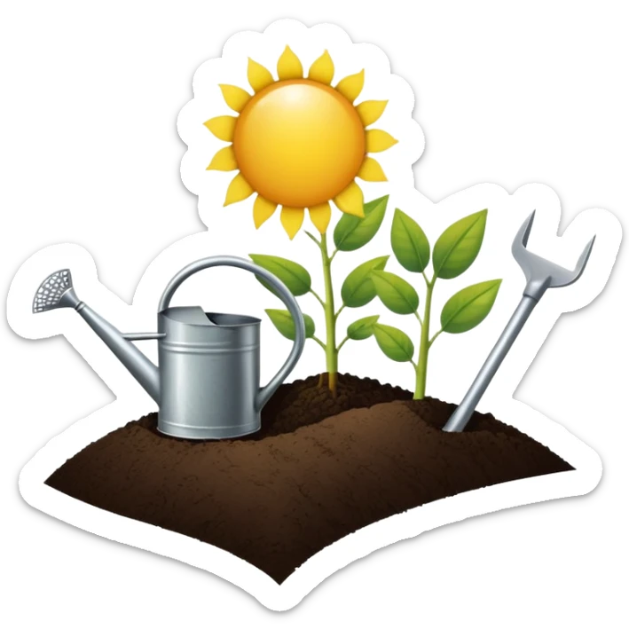An icon featuring a plant growing from the soil, a watering can, and agricultural tools, symbolizing agronomy. The design includes a farm field, crops, and a sun, representing the study of plants, soil, and agricultural systems. Transparent background highlights sustainable farming and growth. sticker