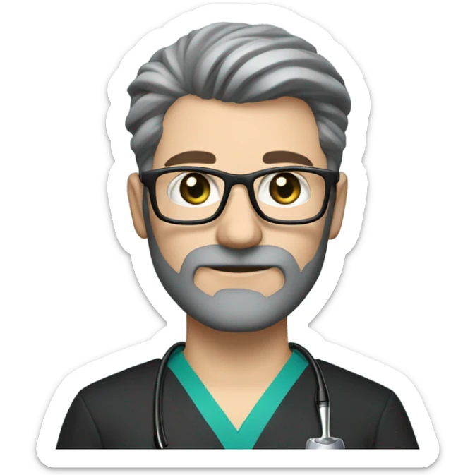 male dark blond with grey beard doctor with blue-green eyes and wire glasses in black scrubs holding a paintbrush sticker