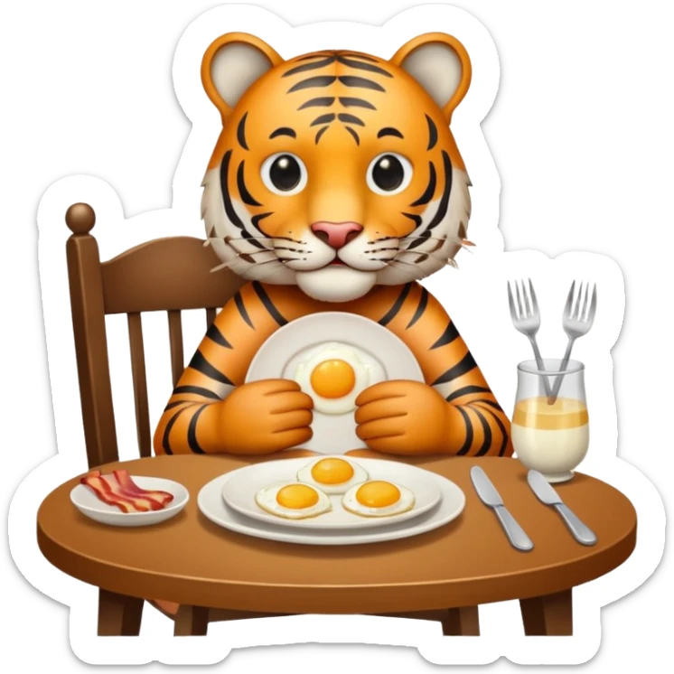 Tiger sitting by a table on a chair with a plate of 2 eggs and bacon in front of him on the table place setting sticker