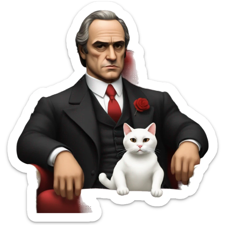 vito corleone as a mafia boss sitting on a red chair petting a white cat on his lap sticker