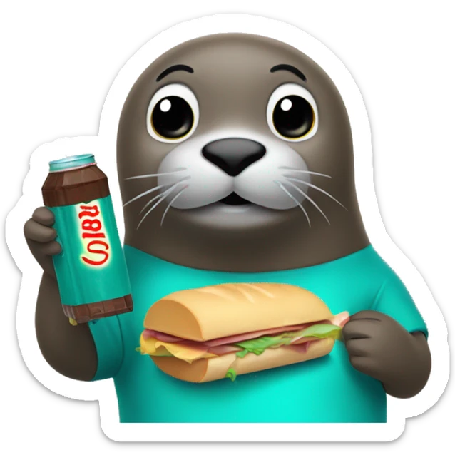 teal seal eating a sandwich with a bottle of soda and a chocolate bar sticker