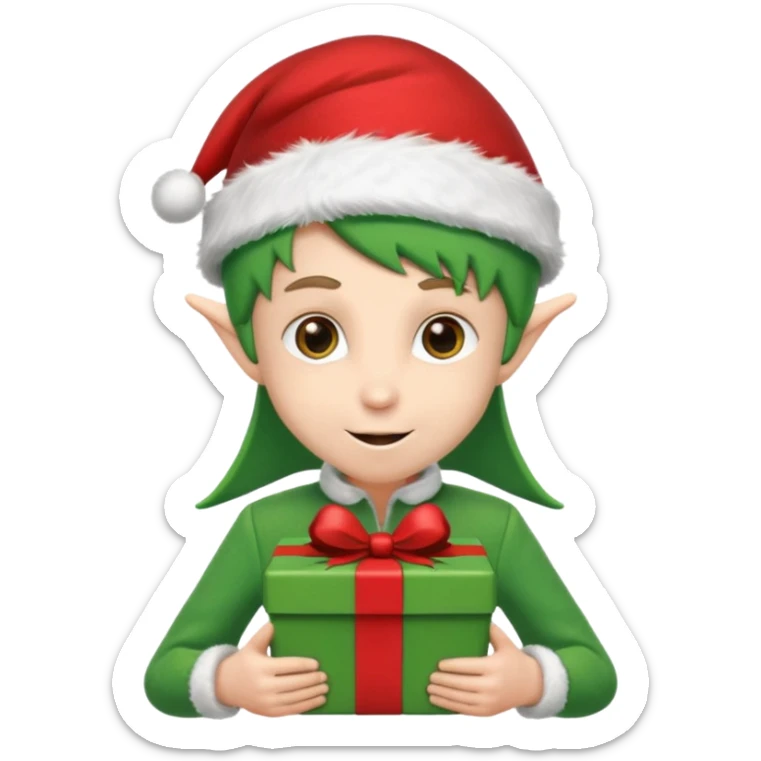 elf wearing a santa hat holidng a xmas present make his unfiorm green adn red sticker