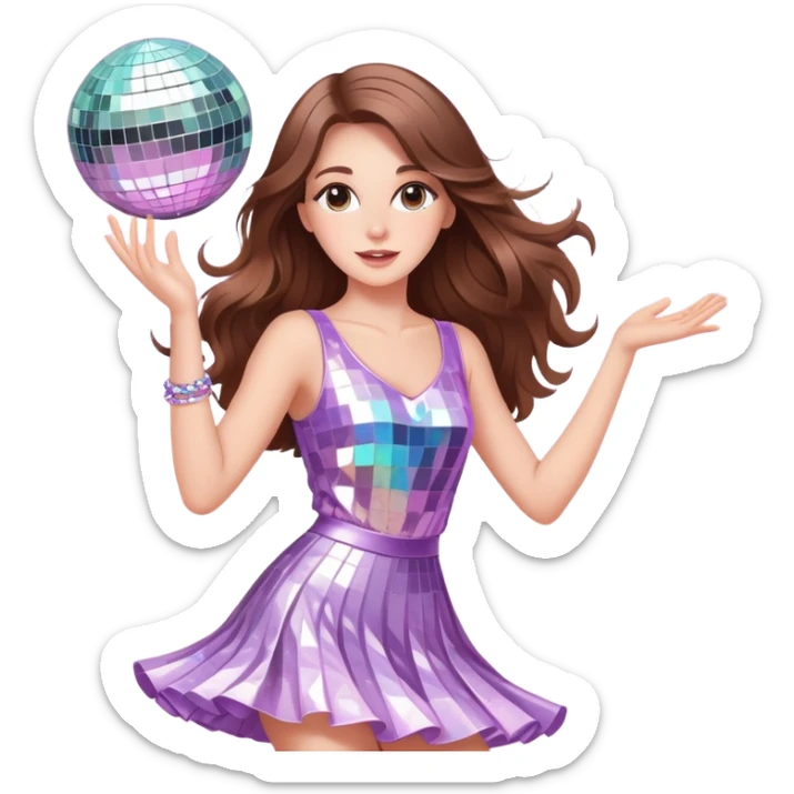 Girl with long brown hair  white girl dancing like nobody’s watching, cute elegant quirky  discoball in background pastel  sticker