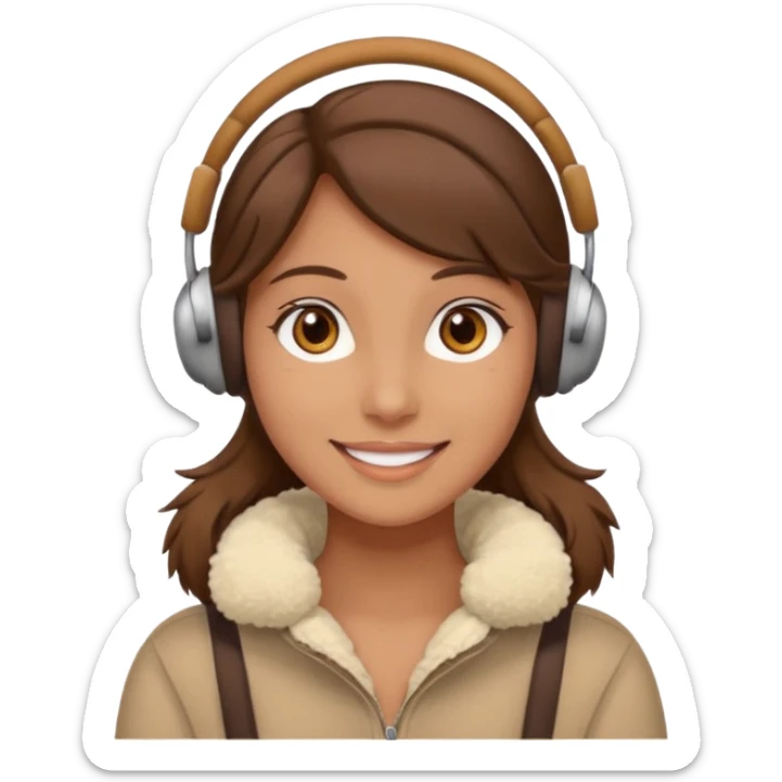 A girl wearing beige ear muffs, tan skin, brown hair, brown eyes smiling sticker