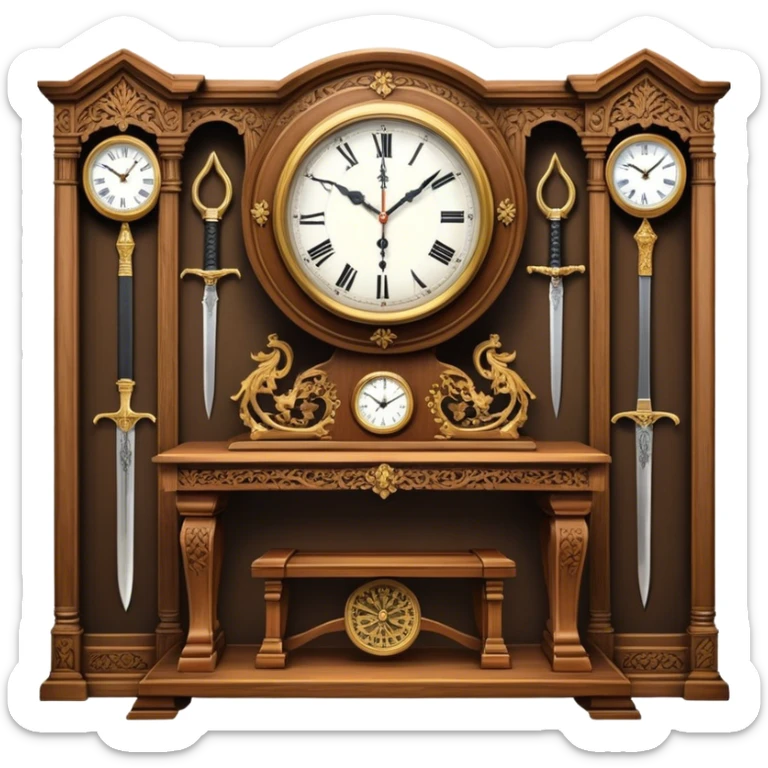 Icon for Antiques Collecting: a vintage clock, intricately carved furniture, famous paintings, antique swords, and rifles. The items are displayed on a wooden table or shelf. The icon should evoke the rich history and craftsmanship of antique collecting. Transparent background. sticker