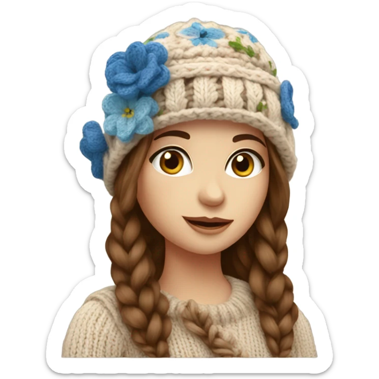 beautiful finnish brown hair woman with blue eyes knitting floral hat sticker