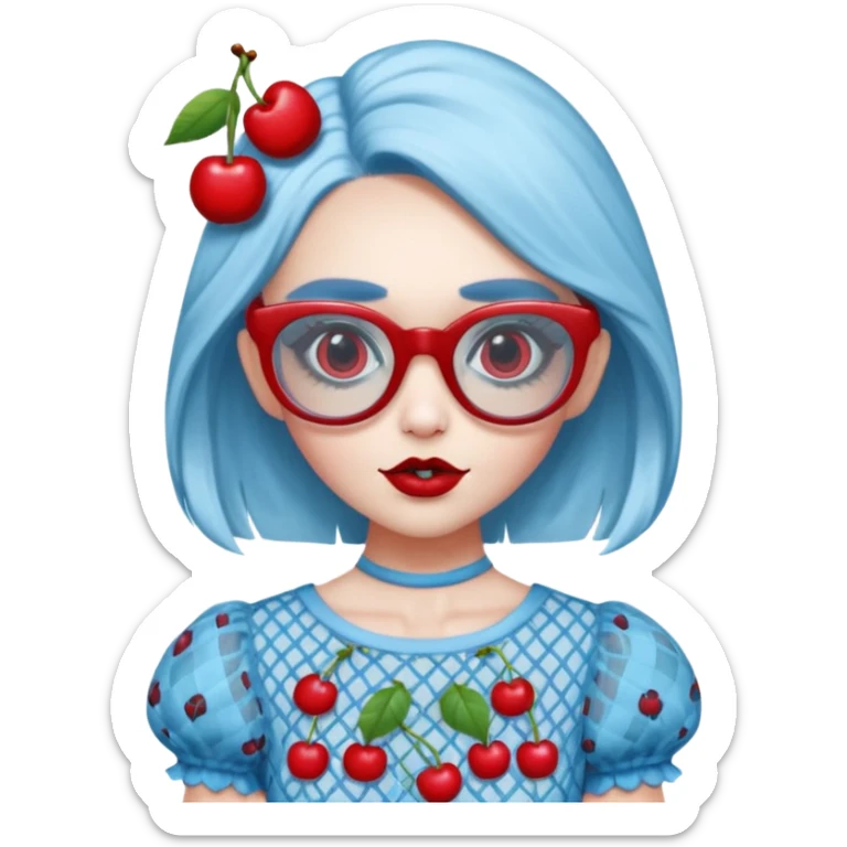 Ghoulia yelps monster high doll in scene/emo style cherry print dress with fishnet sleeves, clothes, thin, small, red, rectangle glasses, pale white-blue skin sticker