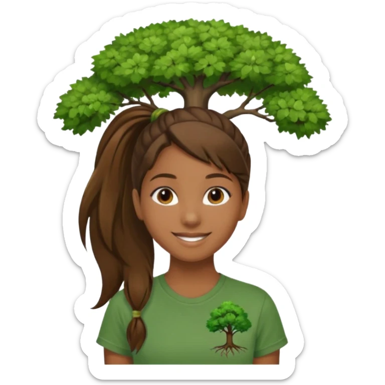 Make a zumba coach emoji, brown eyes, brown hair girl, green shirt withe "the roots" on it, longer pony tail hair, add the tree logo for the roots sticker
