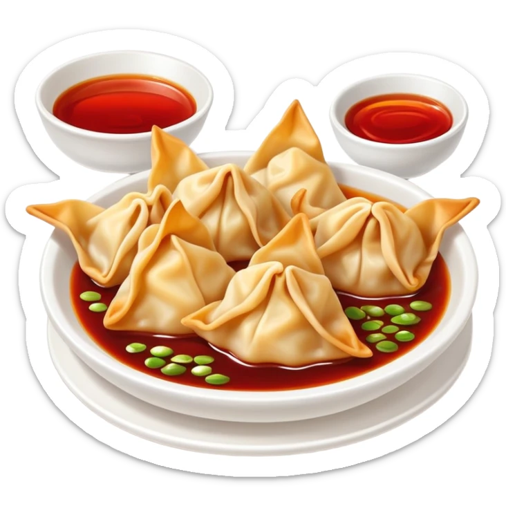 Chengdu Long Chaoshou wonton with red oil sauce on top, simplified emoji style with bold outlines and bright colors, cartoon style Sichuan style wontons sticker