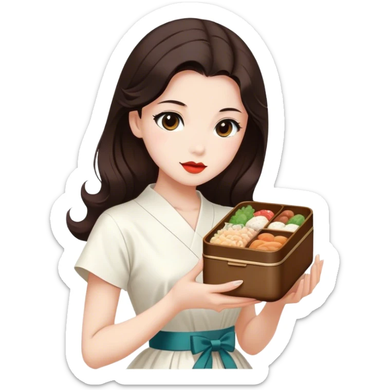 Beautiful woman in 1950’s woman fashion look, white dress, long dark brown hair, Japanese bento sticker