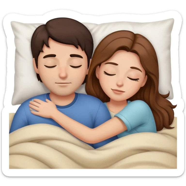Man with dark brown hair and woman with long light brown hair in bed cuddling and sleeping  sticker