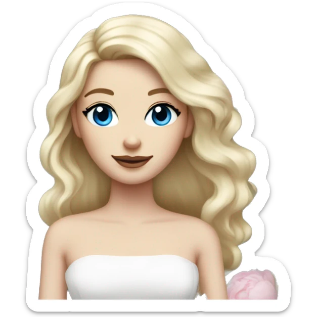 White bride with long light blonde hair and blue eyes with light pink peonies in hair white skin  sticker