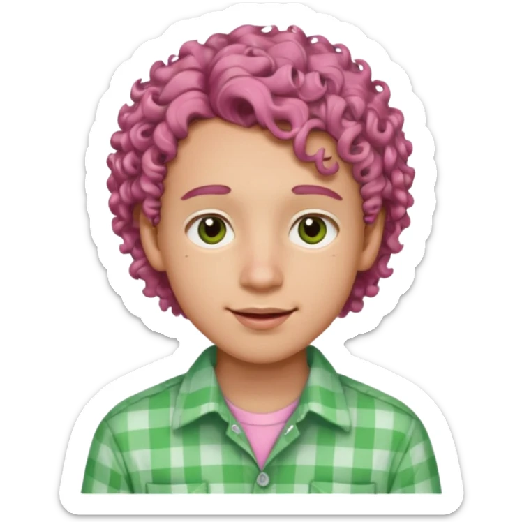 emoji of a young man with light skin, big brown eyes, soft smile with braces, full pink lips, curly hair, warm gaze, wearing a green and white buttoned-up shirt sticker