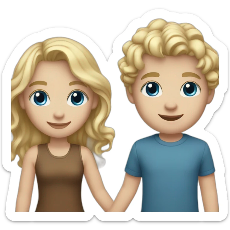 Girl with blonde wavy hair and blue eyes holding hands with blonde boy with white skin and brown eyes sticker