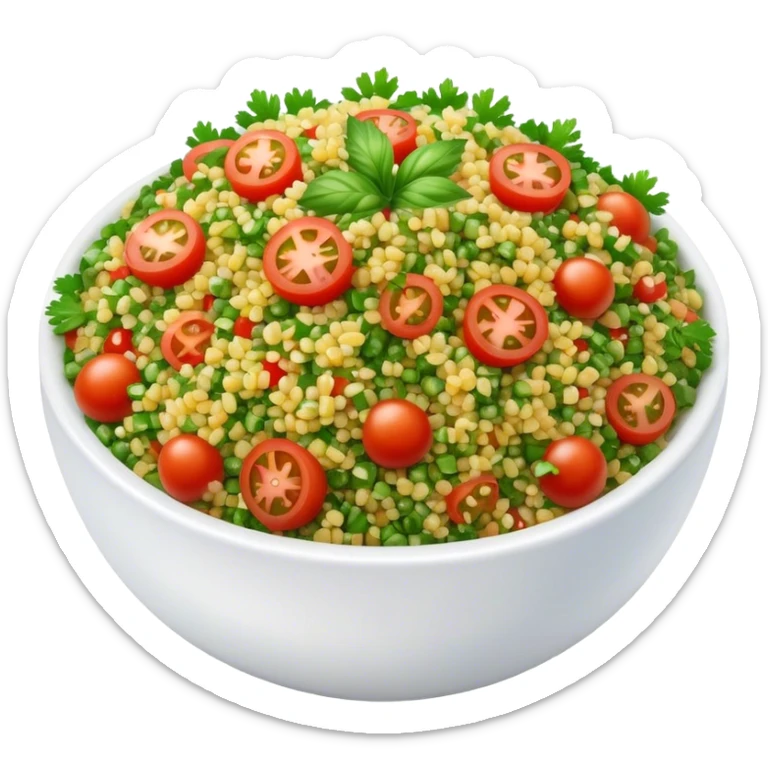 Cinematic Realistic Tabbouleh Salad Dish Emoji, showcasing a fresh herbaceous salad with bulgur, tomatoes, and parsley rendered with crisp textures and natural, vibrant lighting. sticker