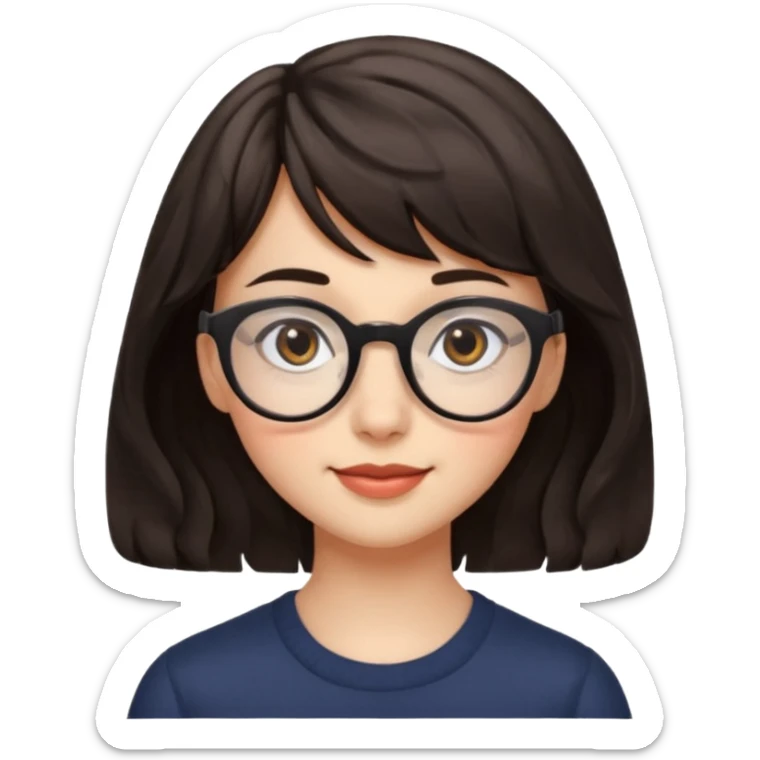 Koyu renk, dağınık dalgalı saçlı, kısa kahküllü, yuvarlak gözlüklü ve büyük kahverengi gözlü bir genç kadının yüzünü gösteren emoji tarzı illüstrasyon. Hafif bir gülümseme veya tatlı bir sırıtış ifadesi var. Cilt tonu açık. sticker