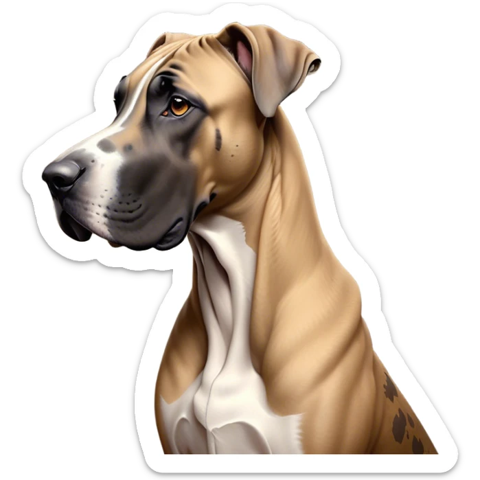 Cinematic Noble Fawn Great Dane Portrait Emoji, Poised and regal, with a towering, muscular build and a sleek, well-groomed solid fawn Fur accented by subtle dark markings, deep-set soulful amber eyes, Simplified yet sharp and sophisticated features, highly detailed, glowing with a soft, dignified glow, high shine, intelligent and gentle, stylized with an air of majesty, focused and attentive, soft glowing outline, capturing the essence of a watchful and confident guardian, so majestic it feels as though it could stride out of the screen with effortless authority! sticker